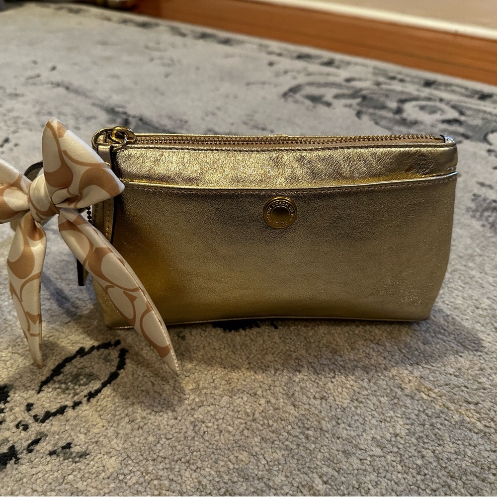 Coach Gold Metallic Wristlet with Bow Accent